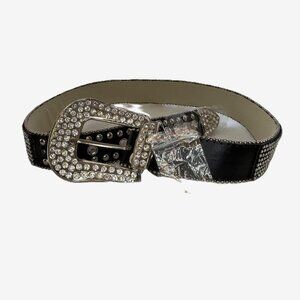 Y2K Western Rhinestone Leather Belt Womens Small 32” Silver Buckle Cowgirl Studs